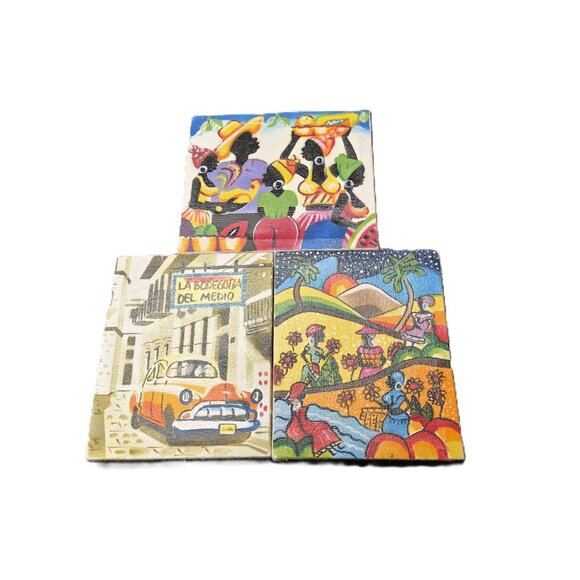 Set of 3 Cuban Vintage Oil Miniature Paintings on Canvas Boho Folk Art Retro - Picture 1 of 3